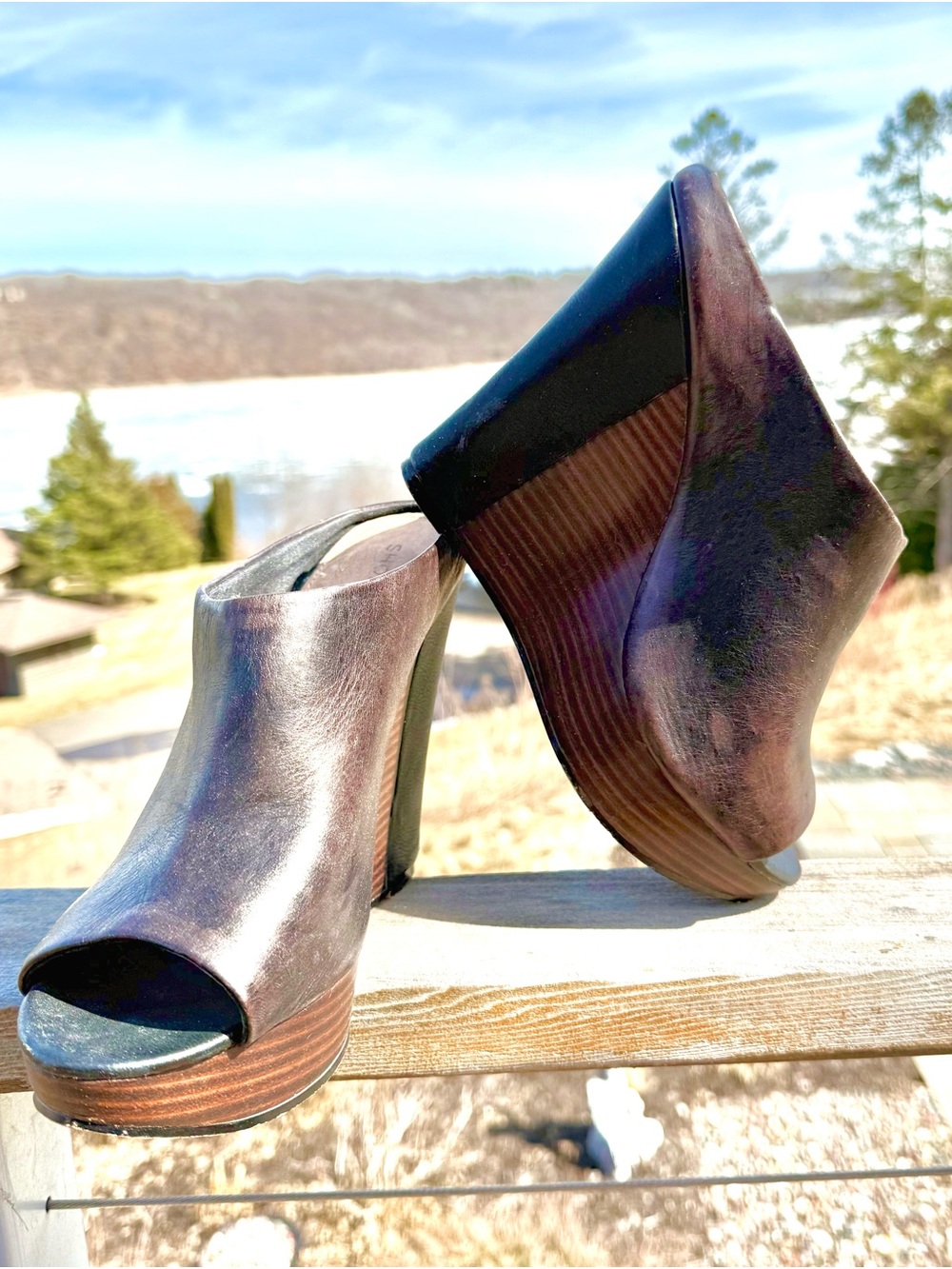 Showing Women’s Brown Leather Peep-Toe Wedge Mules
